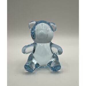 Oneida Light Blue Crystal Glass Teddy Bear Paperweight Figurine 2.75" Vintage